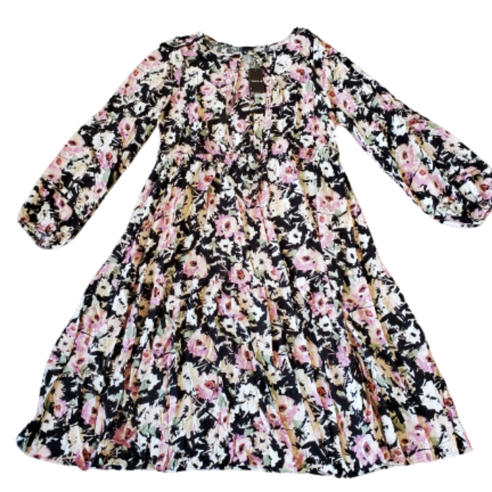 Torrid plus floral swiss dot long sleeves tiered midi dress, 3XL, black - Picture 4 of 12